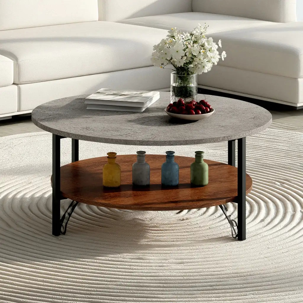 Tavolino da salotto rotondo dal design essenziale, nero e marrone, per la casa